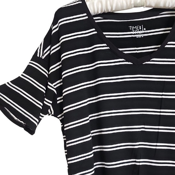 Time & Tru Black Shirt Top Black White Striped Short Sleeve Top Size S EUC - Picture 3 of 6